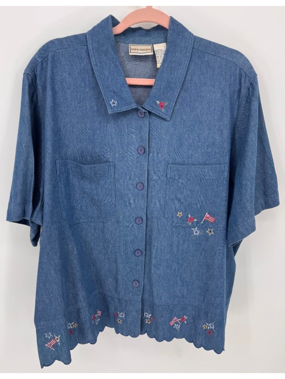 Napa Valley Womens Denim Button-Up Shirt With Embroidered Flags & Stars Size 2X